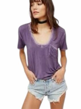 FREE PEOPLE WE THE FREE Rising Sun Tee Wine Purple Distressed Pocket Petite Smal